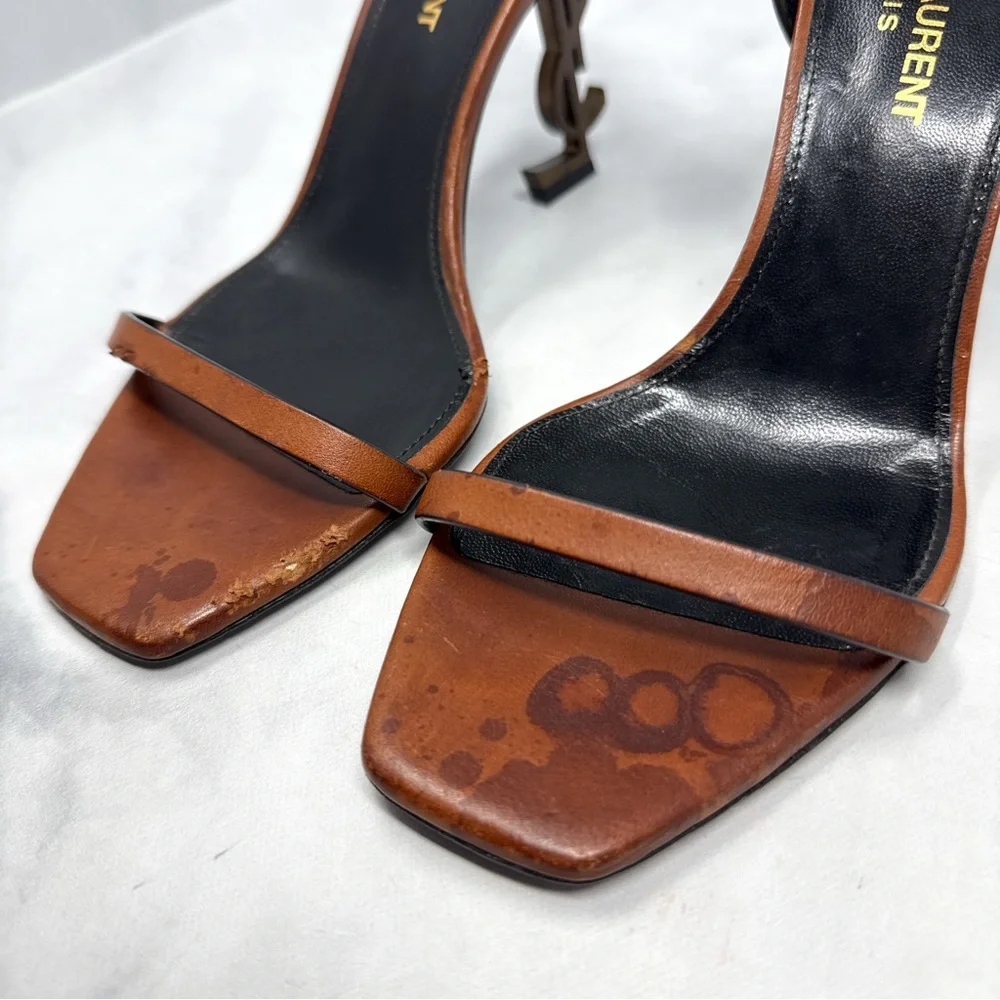 Saint Laurent Opyum 85 Leather YSL Cassandre Monogram Metal Heel Sandal Brown 36 - Picture 4 of 16